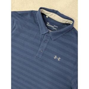 Under Armour Mens Large Golf Polo Shirt Heatgear Navy Blue Striped Short Sleeve